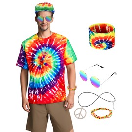 Men's Hippie Costume 60s 70s Style Colorful T-Shirt with 5-Piece Accessory Set for 70s Outfits Theme Party (4XL)