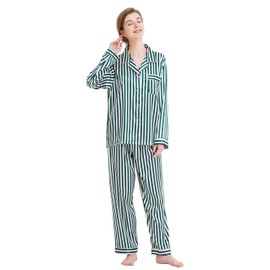 Women's Classic Satin Pajama Set Sleepwear Loungewear (Green and White Striped, Small)