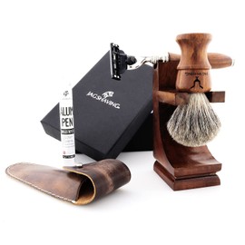 Jag Shaving Set - Sustainable 4-Piece Wooden Shaving Set - Super Badger Hair Shaving Brush - 3 Razor Blades Safety Razor - Shaving Stand - Leather Bag for Safety Razor