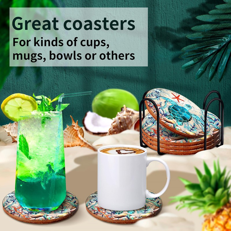 Coasters for Drinks Turtle Cork Base Coasters with Holder Sea