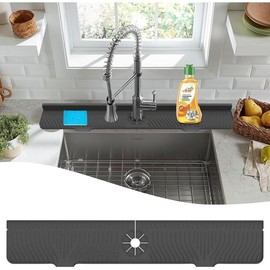 33 inch Sink Splash Guard Mat  Faucet Drying Silicone Handle Drip Catcher Tray Longer for KitchenBathroom Protector Countertop (Black) - Color: Gray