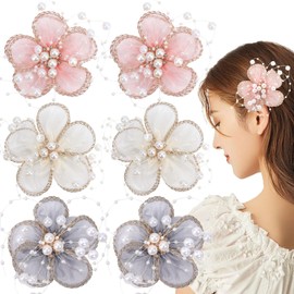 TOKUFAGU 6 PCS Flower Pearl Hair Bows Clips, Large Flower Hair Clips for Women Girls, Sweet Wedding Handmade Hair Clips Decorative Accessories