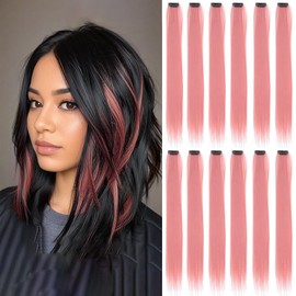 GZVIS 12 Pcs Lotus Pink hair extensions 22 Inch Straight colored hair colorful clip in extensions Highlight Party for Kids Girls and Women Gift (Lotus Pink,28)