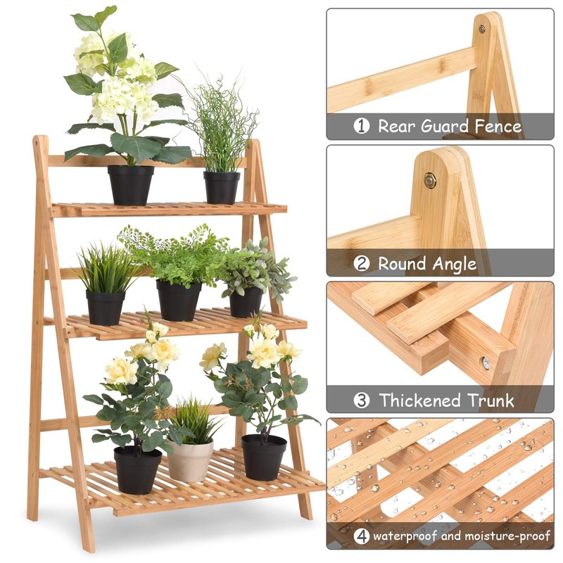 Casart Bamboo Ladder Stand Shelf, Foldable Multifunctional Flower Display Rack,