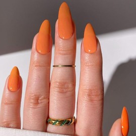 YOSOMK Bright Orange Acrylic Press on Nails Almond Medium Fake Nails Press Ons Full Cover Glue on False Nail Bright Surface Designs Artificial Stick on Nail for Women