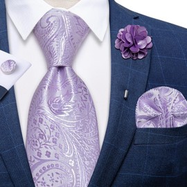 DiBanGu Mens Tie and Lapel Pin Set Silk Lilac Paisley Necktie Hankerchief Cufflinks Brooch for Wedding Party