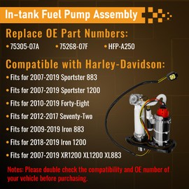 Fuel Pump Assembly Fits for 2007-2019 Harley-Davidson Sportster 1200 883 Iron 883 1200 Forty-Eight Seventy-Two XR1200 XL1200 XL883 Replace 75305-07A 75268-07F In-Tank Fuel Pump