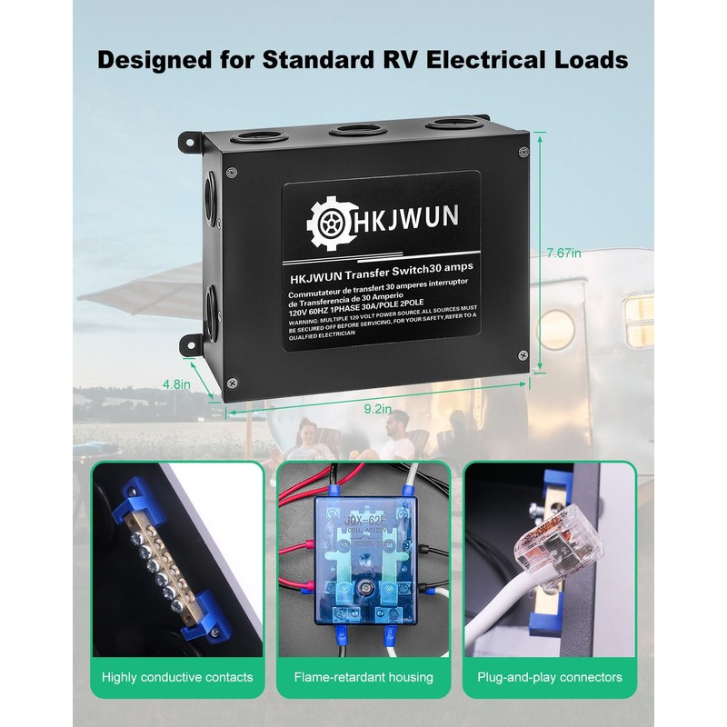 30 Amp Transfer Switch for RV, Metal Housing with Adjustable