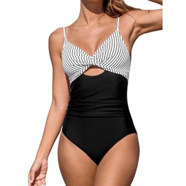 CUPSHE Women's One Piece Swimsuit V Neck Bathing Suit Twist Ruched Front Keyhole Back Cutout Back Hook, M Black/White/Stripe