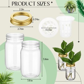 Hushee 6 Packs Propagation Vases for Plants Plastic Centerpieces Bulb Vases Clear Mason Jars with Hole Lid and Hydroponic Baskets Plant Growing in Water for Office Wedding Table Decoration(Gold)