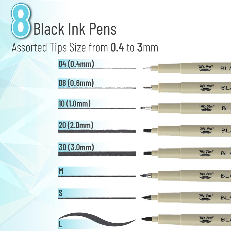 Mr. Pen- Drawing Pens for Artists, 8 Pack, Black Multiliner,