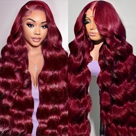 AYMMOLI 28 Inch 99j Burgundy Lace Front Wigs Human Hair 13x4 HD Red Burgundy Wig Human Hair 200% Body Wave Lace Front Wigs Pre Plucked Glueless Frontal Wigs for Women