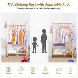 BAMBOOHOMIE Kids Clothing Rack With Adjustable Rods, Children Clothes Garment Rack for Baby Pet, Dress Up Rack With 2 Bottom Shelves, Wardrobe Closet for Toddlers Nursery