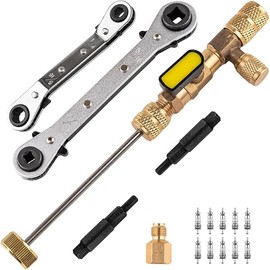 Valve Core Remover Installer Tool and HVAC Service Wrench Set with Hex Bit Adapters, Dual Size SAE 1/4 to 5/16 Port, 5/16'', 3/8'' Refrigeration Service Wrench, 10 Valve Core