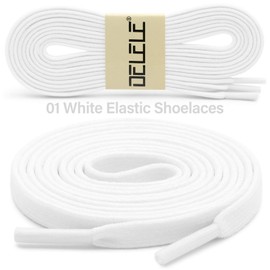 DELELE Flat Elastic Shoe Laces: White Stretch Shoelaces for Sneakers 2 Pair 55 inch