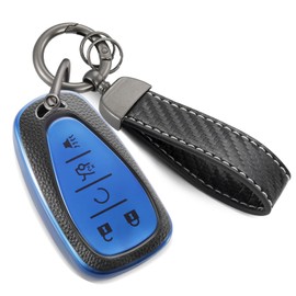 CTRINEWS for Chevy Key Fob Cover with Carbon Fiber Style Belt Keychain,Upgraded Soft TPU Surface Grain Key Case for Malibu Equinox Blazer Camaro Traverse Volt Bolt Sonic (5 Buttons) (Blue, B1)
