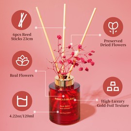 ROUCAS BLANC Perfume Grade Reed Diffuser with Real Flowers, Rose Honey Scented Diffuser with Sticks, Room Decor & Bathroom Decor, Aromatherapy Home Fragrance Diffuser Non-Toxic Gift Set(Rose Rétro)