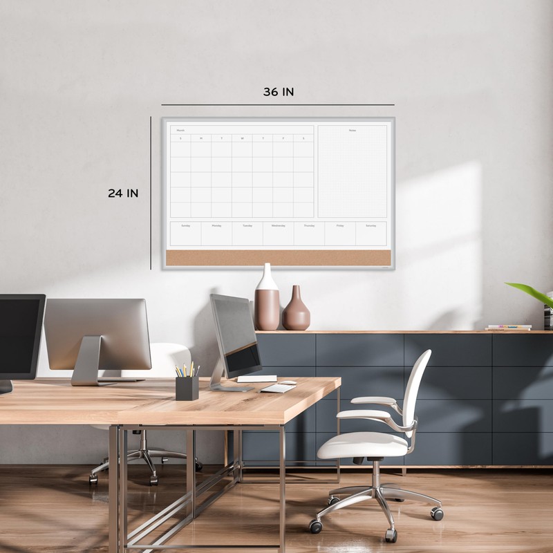 U Brands Magnetic Dry Erase 4-in-1 Calendar Board, 36"x24", Silver