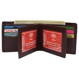 MARSHAL RFID Blocking Men's Bifold Leather Wallet With Double Center Flap And 3 ID Windows (Burgundy)