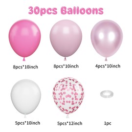 Metallic Pink and White Balloons, 30 pcs matte Pink Pastel Pink White Birthday Balloons with Confetti Balloons, Pink Latex Helium Balloons for Birthday Wedding Baby Shower Party Balloons Decorations