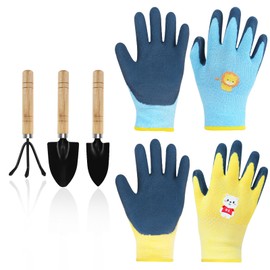 Mulaibdin 2 Pairs of Children's Work Gloves, Gardening Gloves, Thorn Resistant Children, Protective Gloves Children with 3 Garden Tools Set, Mini, Riding Gloves & Climbing Gloves (5-9 Years B)