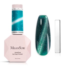 MelodySusie Jeweliver Cat Eye Gel Nail Polish, 0.5 Fl Oz Green Glitter Holographic Magnetic Nail Polish with Magnet, UV Nail Polish for Nail Art Manicure Salon DIY at Home-C6686
