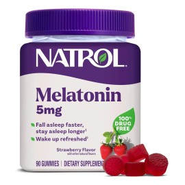 Natrol Melatonina 5 mg – 90 gomitas sabor fresa, sin gluten ni OMG, sin gelatina ni colorantes artificiales, fórmula vegetariana y sin fármacos