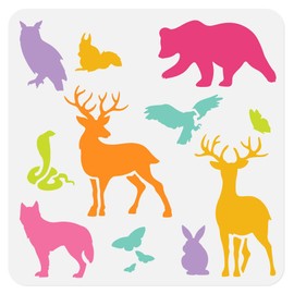 Wild Animals Wall Stencil Bear Owl Deer Fox Rabbit Eagle Snake Butterfly 30 x 30cm Reusable Stencil for Painting on Wood, Floor, Wall and Fabric, Animal Theme Template for DIY Craft Painting