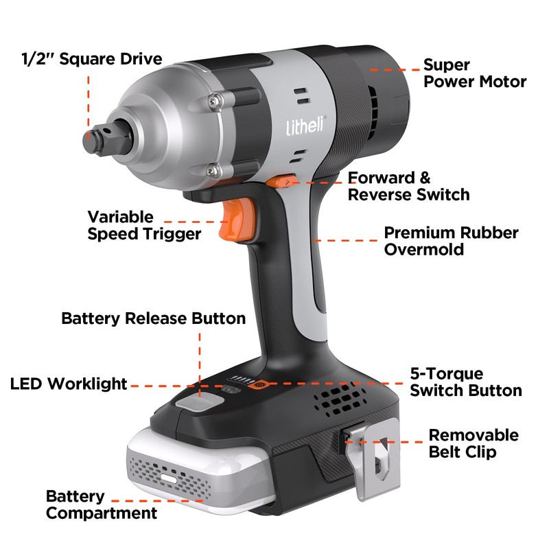 Litheli Cordless Impact Wrench Kit, 1/2 Inch Hog Ring Impact