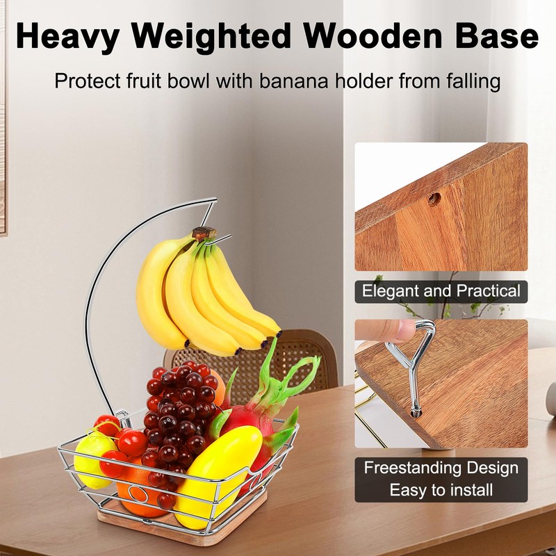 Livabber Countertop Fruit Basket Bowl with Banana Hanger, Modern Standing