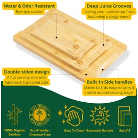 Bamboo cutting boards for Kitchen, Popular Mothers Day Gifts for Mom, Bamboo cutting board set of 3 with Juice Groove & Side handles, Thick Chopping Board for Meat, Veggies, Wooden cutting board set