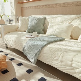 vctops Farmhouse Velvet Plush Sofa Cover Palm Leaves Quilted Sectional Couch Cover Soft Furry Fuzzy Non-Slip Sofa Slipcover for Dogs, Cats, Kids, Pets Furniture Protector (Cream,36"x102")