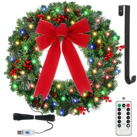 24" Prelit Christmas Wreath for Front Door Christmas Decorations, Christmas Door Wreath with 50 Multicolored Lights, Timer and Remote, Pre-Decorated with Pinecone, Berries, Bow and Wreath Hanger