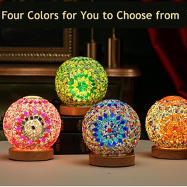 Turkish Table lamp (D:4.7" x H:5.2"),Mosaic Glass Lamps with Wooden Base, Bohemian Tiffany Bedside Lamps, USB Power Supply Moroccan Lantern for Living Room Decorations Valentine's Day Gifts