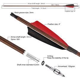 TOPARCHERY Premium 30" Carbon Hunting Arrows with 4" Real Turkey Feathers Fletching and Removable Tips - 500 Spine Practice Target Arrows for Compound & Recurve Bow Long Bow -12Pcs (Wood Pattern)