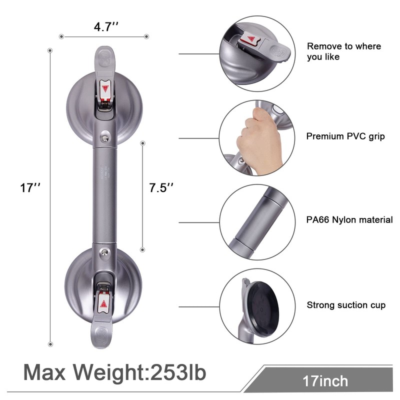HEINSY 17inch Suction Shower Grab Bar, Portable Shower Handle Bar