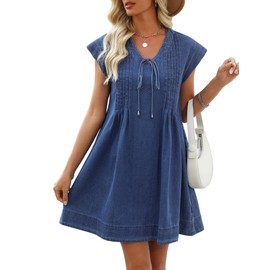 POTILI Denim Dress for Women,V Neck Jean Dresses Short Sleeves Denim Romper Dress with Pockets