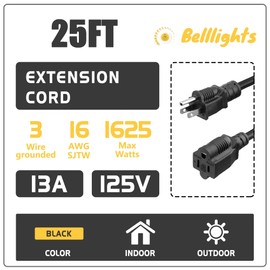 25 Feet Extension Cord 16 Gauge SJTW Heavy Duty Power Cord 3 Prong Black, NEMA 5-15P to NEMA 5-15R, Power Cable for Indoor and Outdoor Use, Black Color, ETL Listed