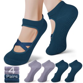 EgoNova Pilates Socks with Grips for Women – Non-Slip Grip Socks for Pilates, Yoga, Barre & Dance (US, Numeric, 4, 10, Regular, Short, 4, Dark Blue and Purple)