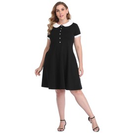 HDE Plus Size Peter Pan Collar Dress Fit and Flare Collared Casual Skater Dress Black