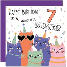 7th Daughter Birthday Card - Childrens Cute Cat Daughters Birthday Card for 7 Year old Kids seven, seventh