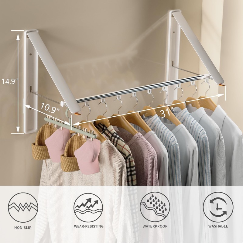 Dr.DJ Clothes Drying Rack with Rod, Wall-Mounted Retractable & Foldable