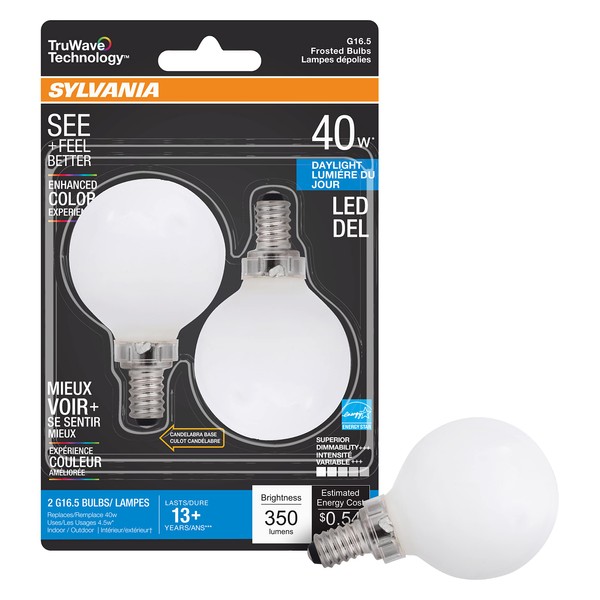 SYLVANIA TruWave Natural Series Décor G16.5 Light Bulb, 40W Equivalent, Efficient 4.5W, 350 Lumens, Candelabra Base, Frosted, 5000K, Daylight (40798), Soft White, 2 Pack