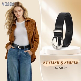 WERFORU Women Leather Belt Women Fashion Leather Belts for Jeans Pants Ladies Belts with Gold Buckle,B-Black-Silver,Fit Waist Size 26"-32"