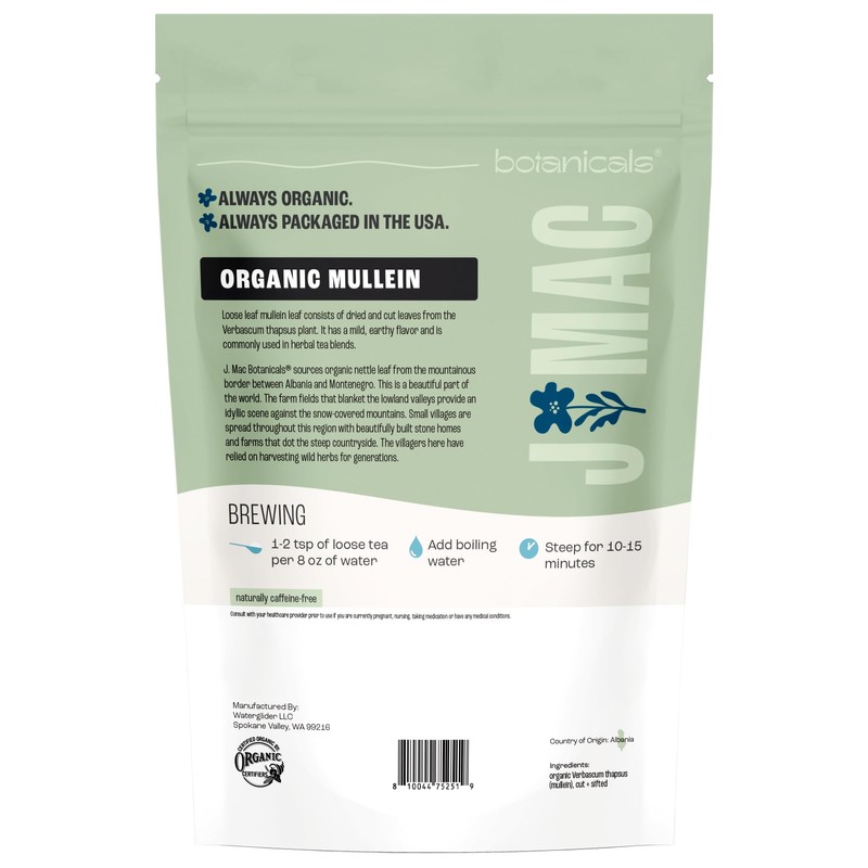 J Mac Botanicals Organic Mullein Leaves (4 oz) Certified USDA