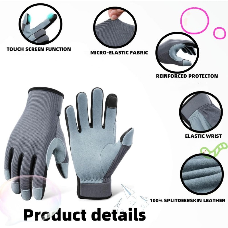 Lightweight Work Gloves,Touch Screen Flex Deerskin Leather Garden Gloves for