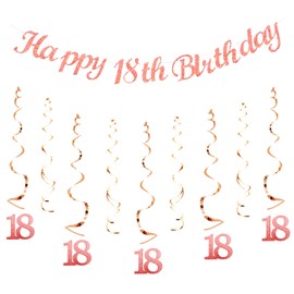 18th Birthday Party Decorations Rose Gold with Happy 18th Birthday Bunting Banner Hanging Swirls Streamers for Girl Women Adult Birthday Anniversary Party Decor Supplies Photo Booth Backdrop