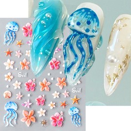 1 Sheets Summer Nail Decals for Nail Art 5D Hawaiian Flower Nail Stickers Embossed Starfish Nail Design Sticker Self-Adhesive Cute Jellyfish Summer Floral Nail Art Stickers for Women Nail Decor