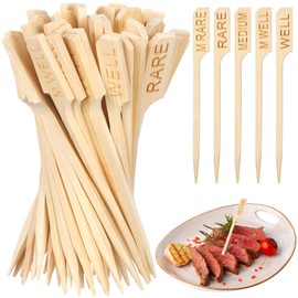 Thyle 200 Pcs 3.94 Inch Assorted Bamboo Steak Markers Wood Meat Marker Sticks Steak Temperature Sticks Meat Doneness Picks Bamboo Paddle Skewers for BBQ, Kitchen, Parties or Buffets Food