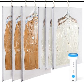 DUORAN Hanging Vacuum Storage Bags with Electric Pump – 6 Pack (3 Long, 3 Short) Hanging Vacuum Seal Bags for Clothing, Closet Organizer Space Saver for Suits, Jackets & Coats